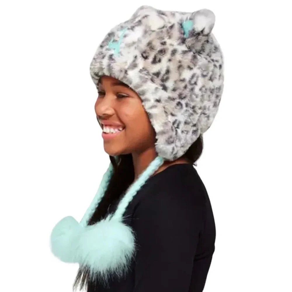 Justice Girl’s Letter N One Size Cheetah Cat Earflap Hat Faux Fur Grey Teal Blue